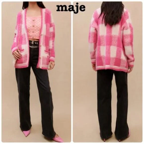 Maje My Square Checkered Jacquard Cardigan in pink size 1/ Small